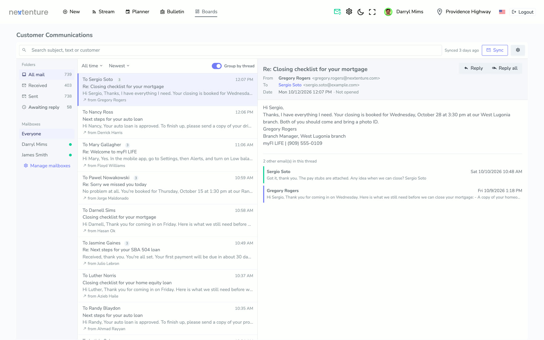 Customer email, synced from Outlook
